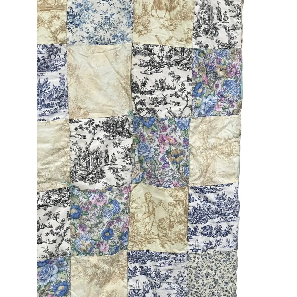 Vintage Handmade Patchwork Toile Floral Throw Quilt 70x42 Reversible